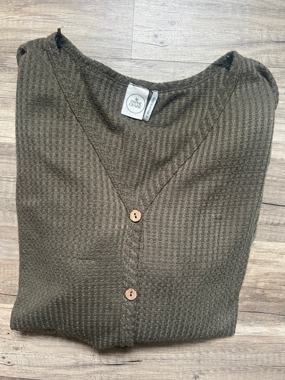 Paper Crane Olive Waffle Knit Button Tie Top